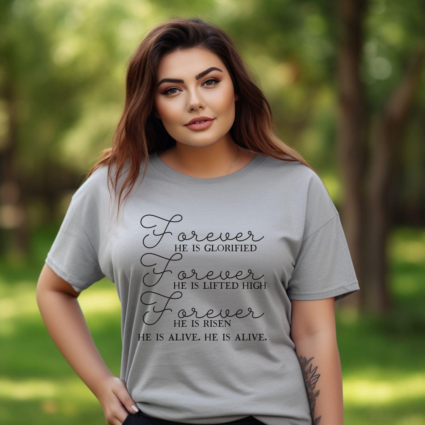 Forever He Is Glorified, Lifted High, He is Risen, He Is Alive Women’s Plus Tee - JT Footprint Apparel