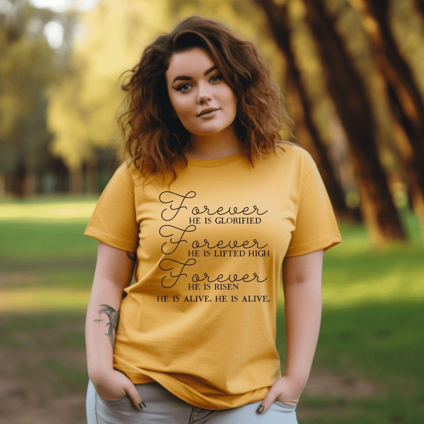 Forever He Is Glorified, Lifted High, He is Risen, He Is Alive Women’s Plus Tee - JT Footprint Apparel