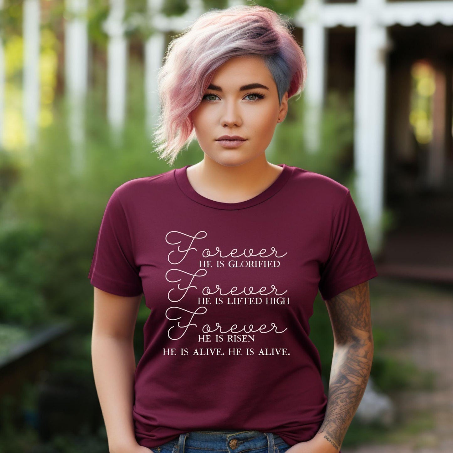 Forever He Is Glorified, Lifted High, He is Risen, He Is Alive Women’s Plus Tee - JT Footprint Apparel