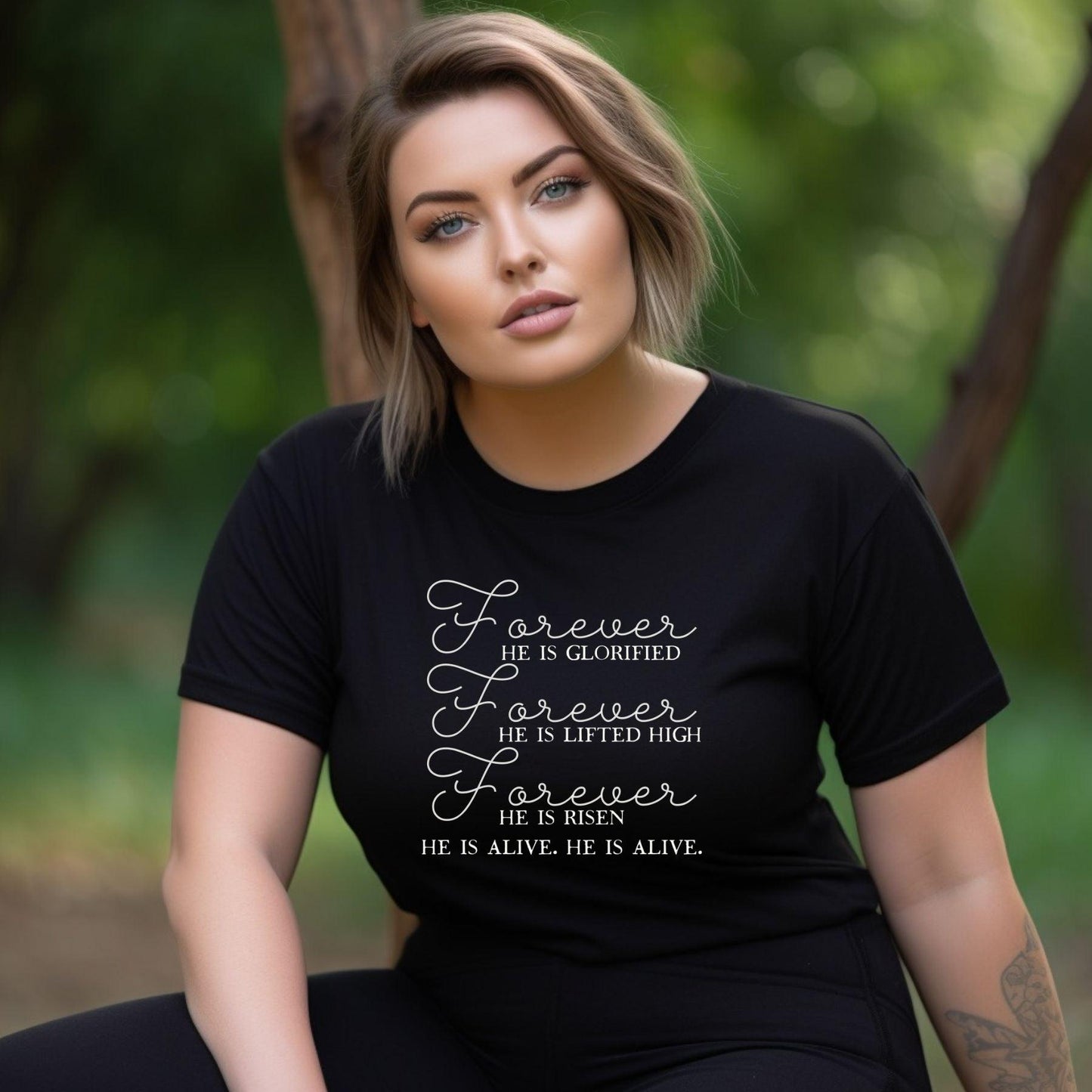 Forever He Is Glorified, Lifted High, He is Risen, He Is Alive Women’s Plus Tee - JT Footprint Apparel