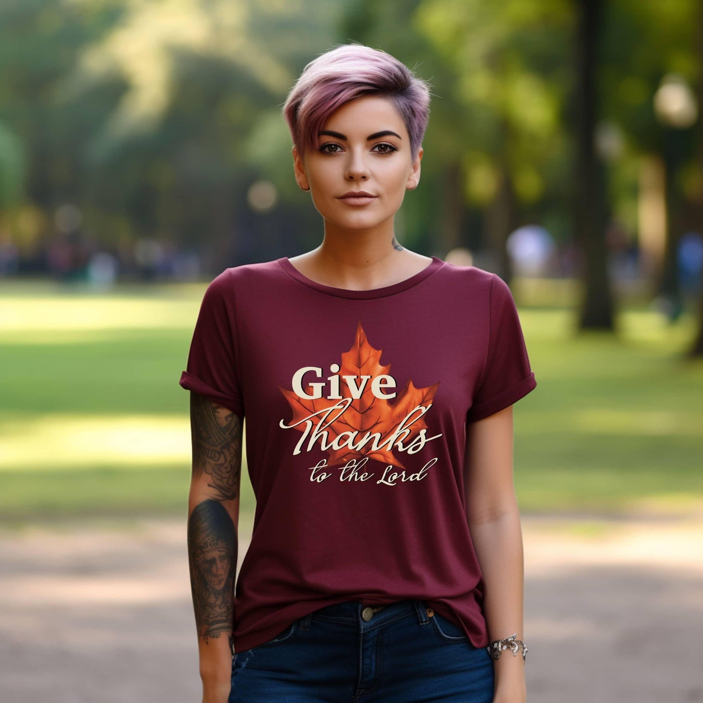 Give Thanks To The Lord Maple Leaf Christian Tee - JT Footprint Apparel