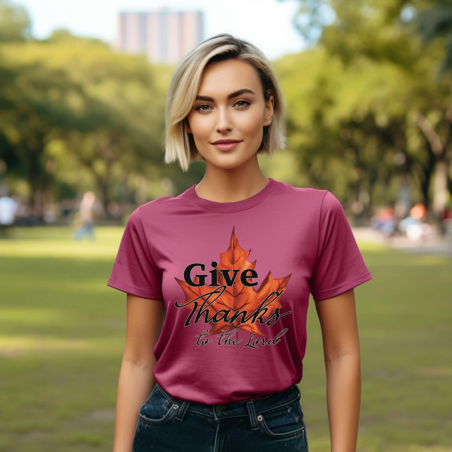 Give Thanks To The Lord Maple Leaf Christian Tee - JT Footprint Apparel