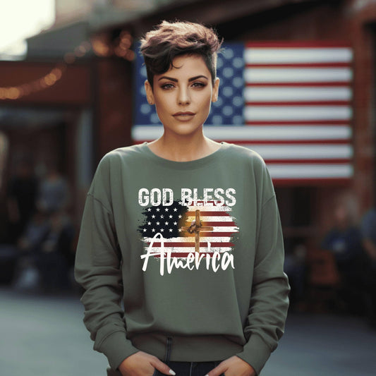 God Bless America Distressed Flag And Cross Women’s Sweatshirt - JT Footprint Apparel