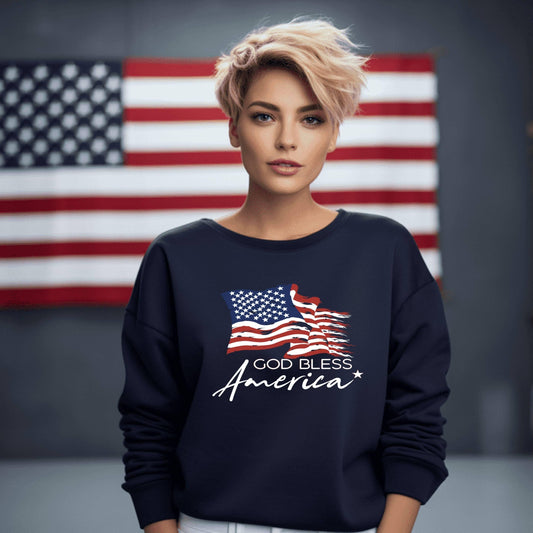 God Bless America USA Wavey Flag Women’s Sweatshirt - JT Footprint Apparel