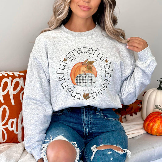 Grateful, Thankful, Blessed Plaid Pumpkin Women’s Sweatshirt - JT Footprint Apparel