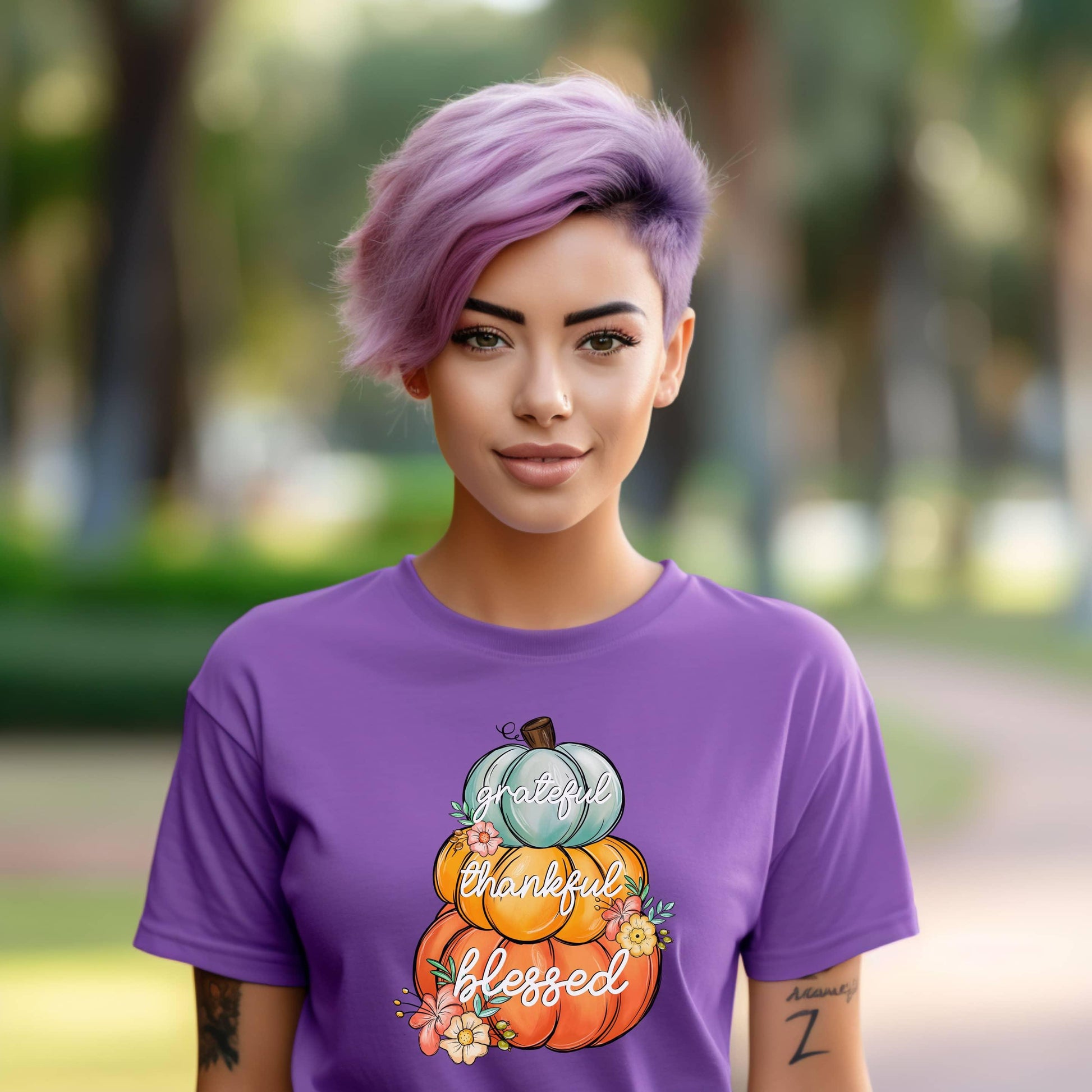 Grateful Thankful Blessed Stacked Pumpkins Fall Woman’s Tee - JT Footprint Apparel