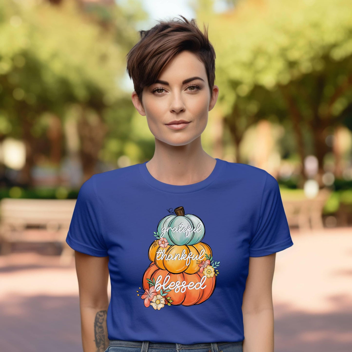 Grateful Thankful Blessed Stacked Pumpkins Fall Woman’s Tee - JT Footprint Apparel