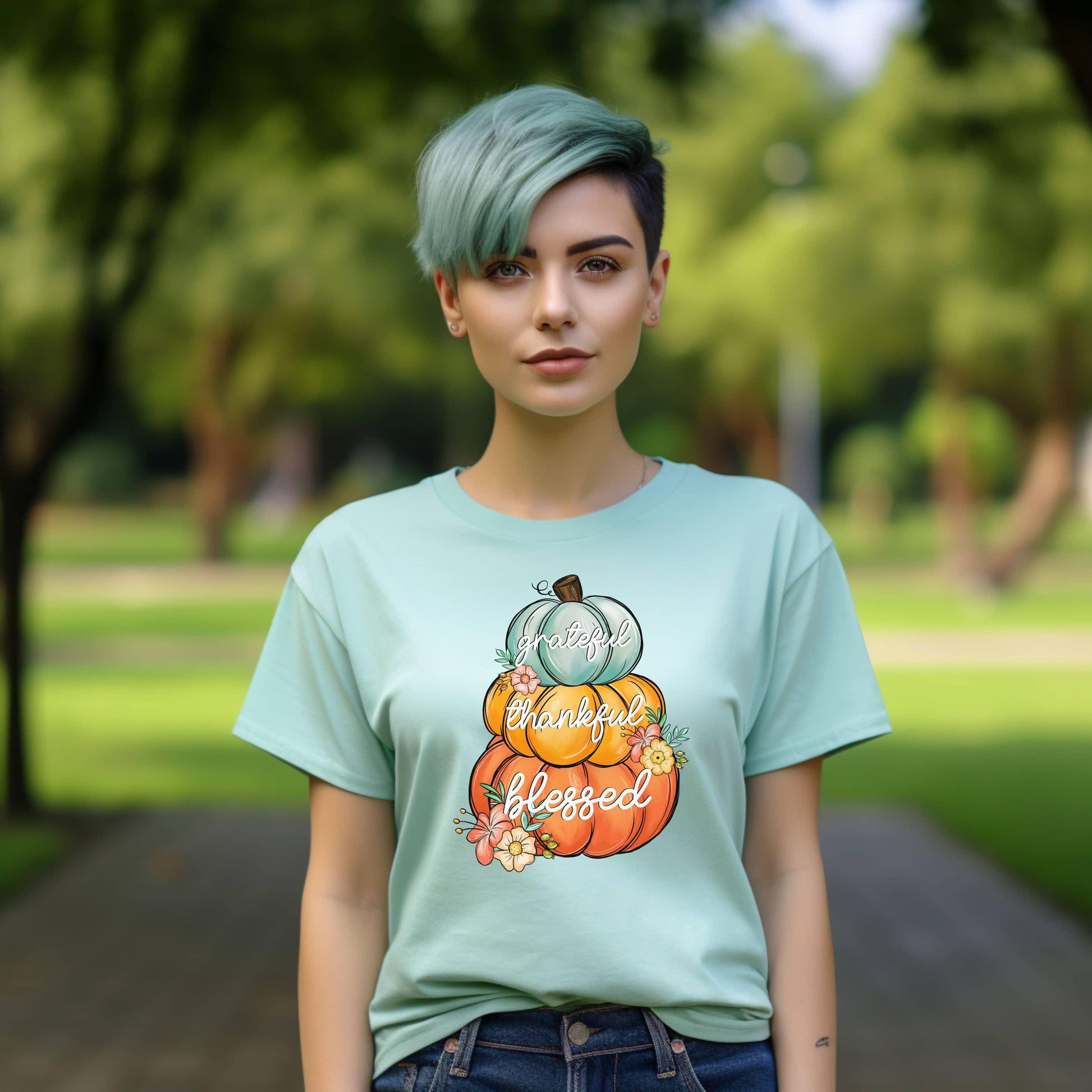 Grateful Thankful Blessed Stacked Pumpkins Fall Woman’s Tee - JT Footprint Apparel