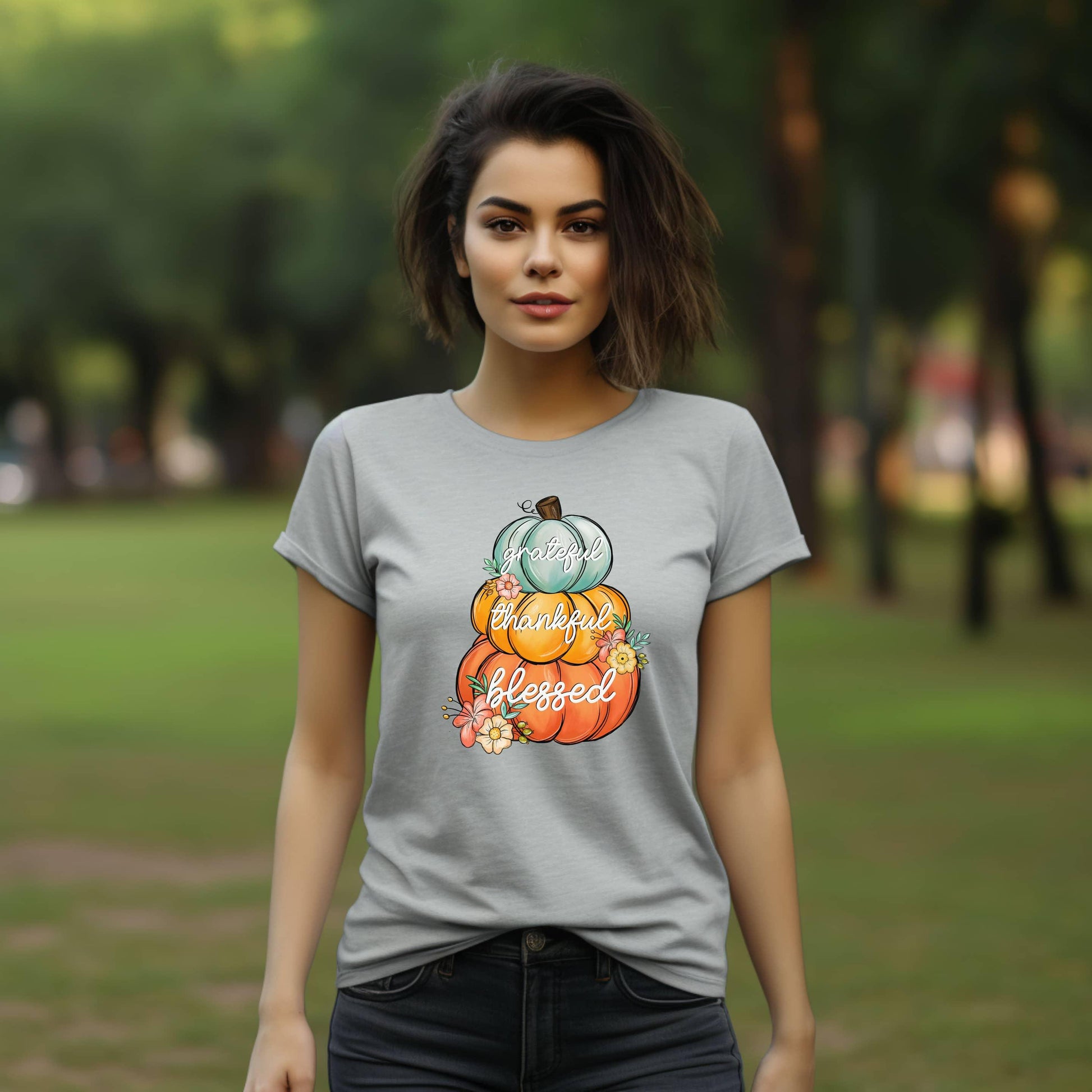 Grateful Thankful Blessed Stacked Pumpkins Fall Woman’s Tee - JT Footprint Apparel