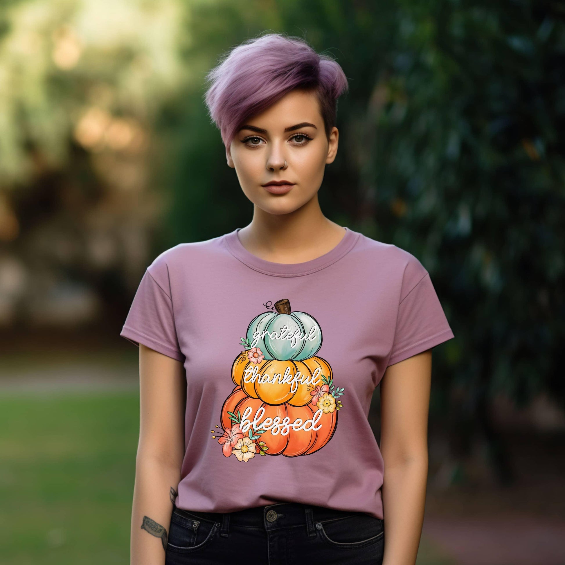 Grateful Thankful Blessed Stacked Pumpkins Fall Woman’s Tee - JT Footprint Apparel