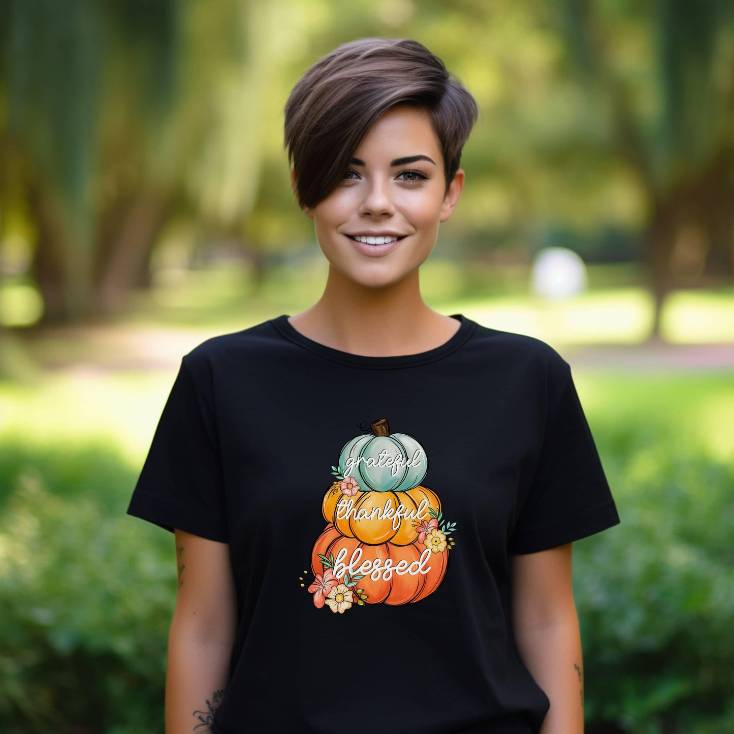 Grateful Thankful Blessed Stacked Pumpkins Fall Woman’s Tee - JT Footprint Apparel