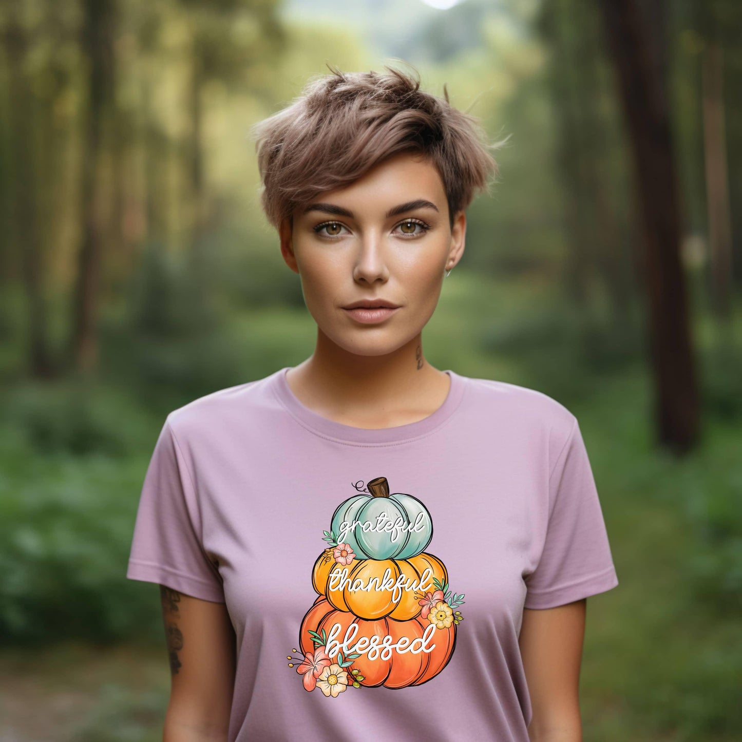 Grateful Thankful Blessed Stacked Pumpkins Fall Woman’s Tee - JT Footprint Apparel