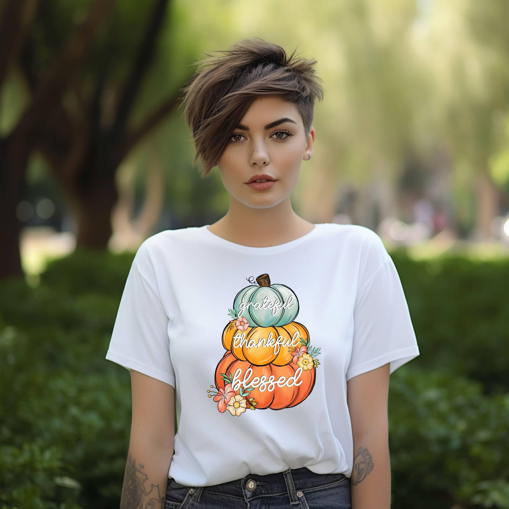 Grateful Thankful Blessed Stacked Pumpkins Fall Woman’s Tee - JT Footprint Apparel