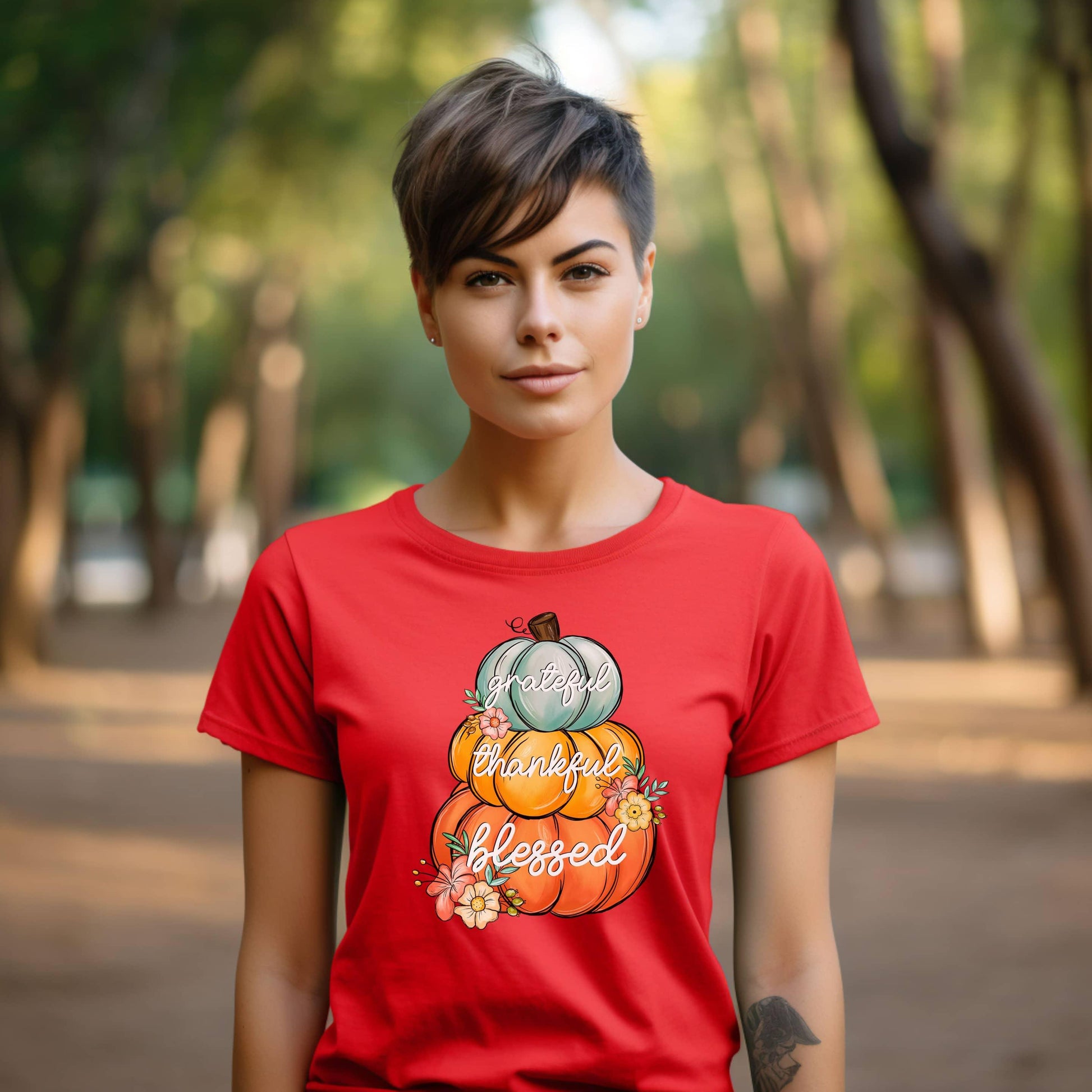 Grateful Thankful Blessed Stacked Pumpkins Fall Woman’s Tee - JT Footprint Apparel