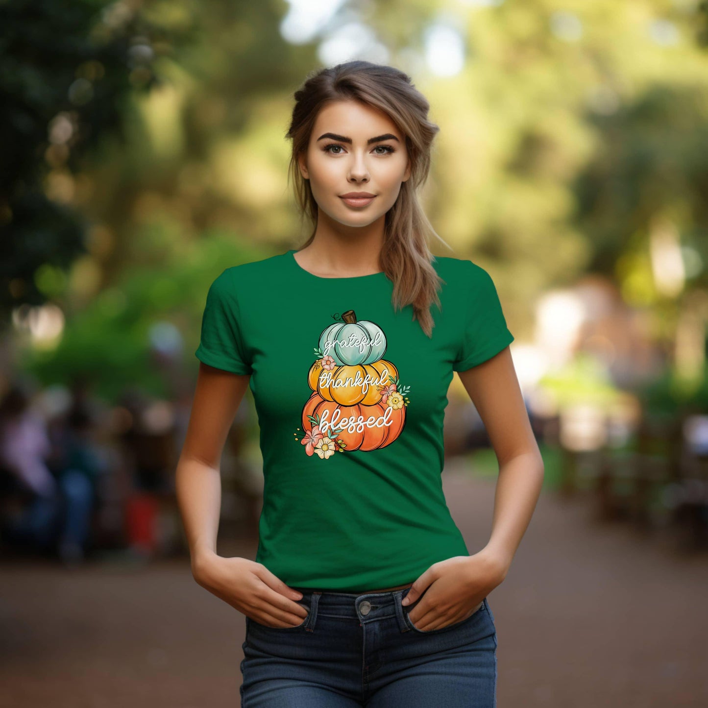 Grateful Thankful Blessed Stacked Pumpkins Fall Woman’s Tee - JT Footprint Apparel