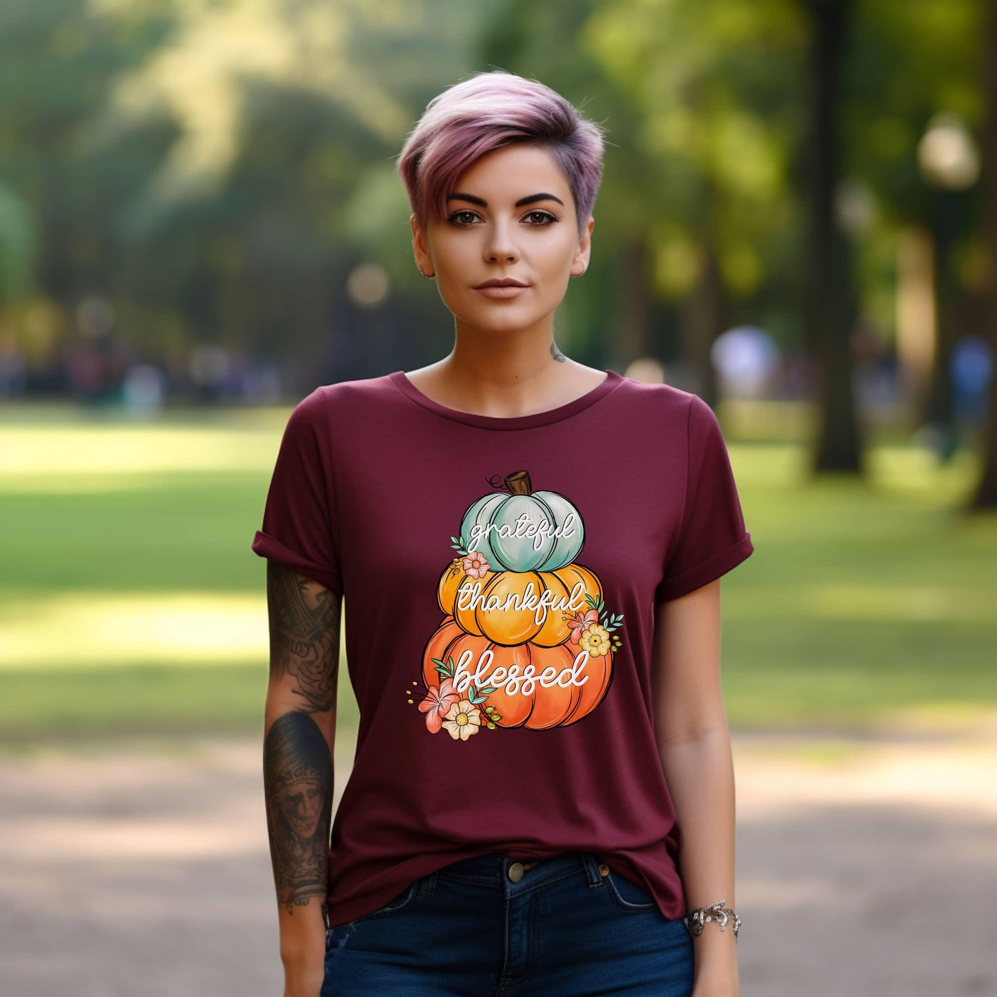 Grateful Thankful Blessed Stacked Pumpkins Fall Woman’s Tee - JT Footprint Apparel