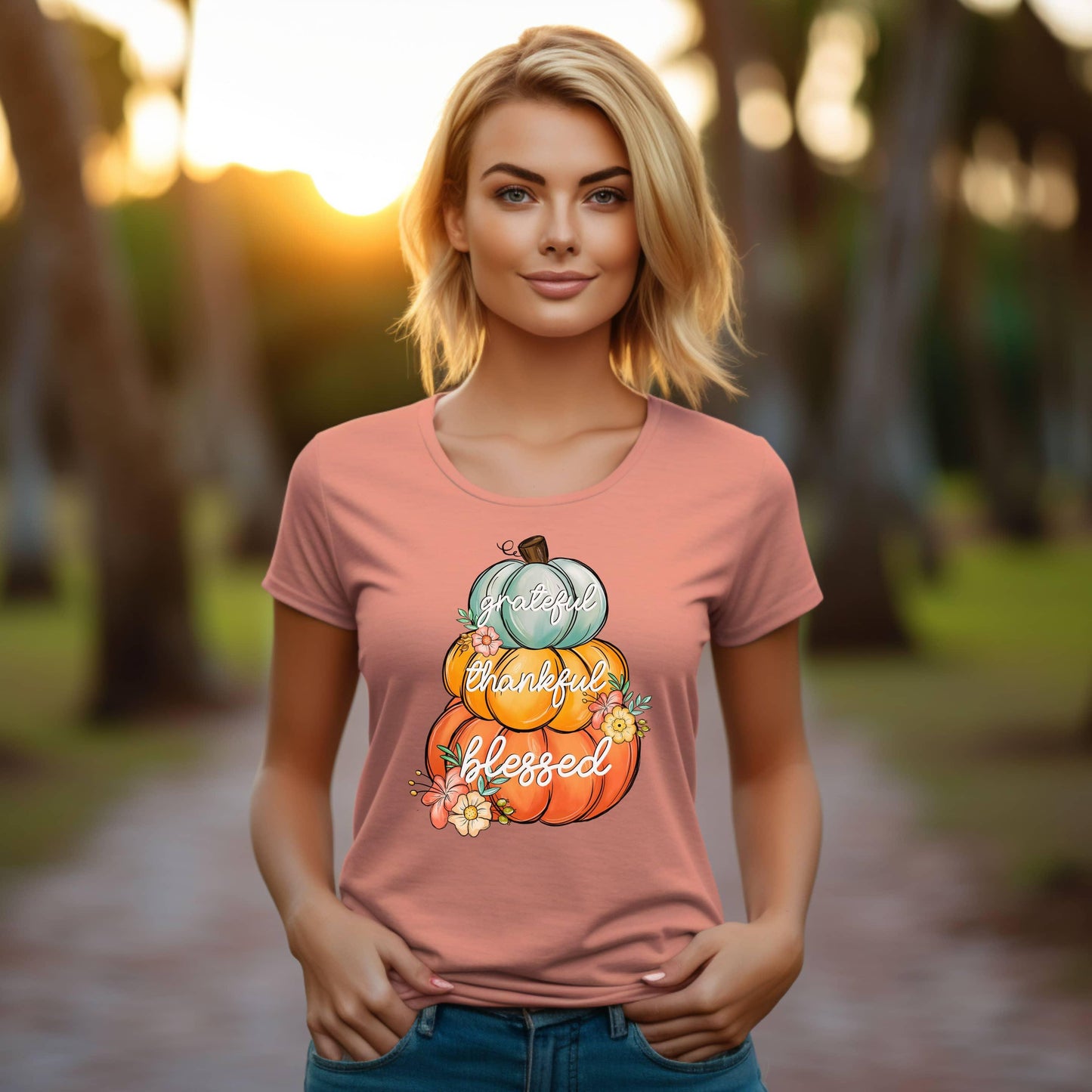 Grateful Thankful Blessed Stacked Pumpkins Fall Woman’s Tee - JT Footprint Apparel