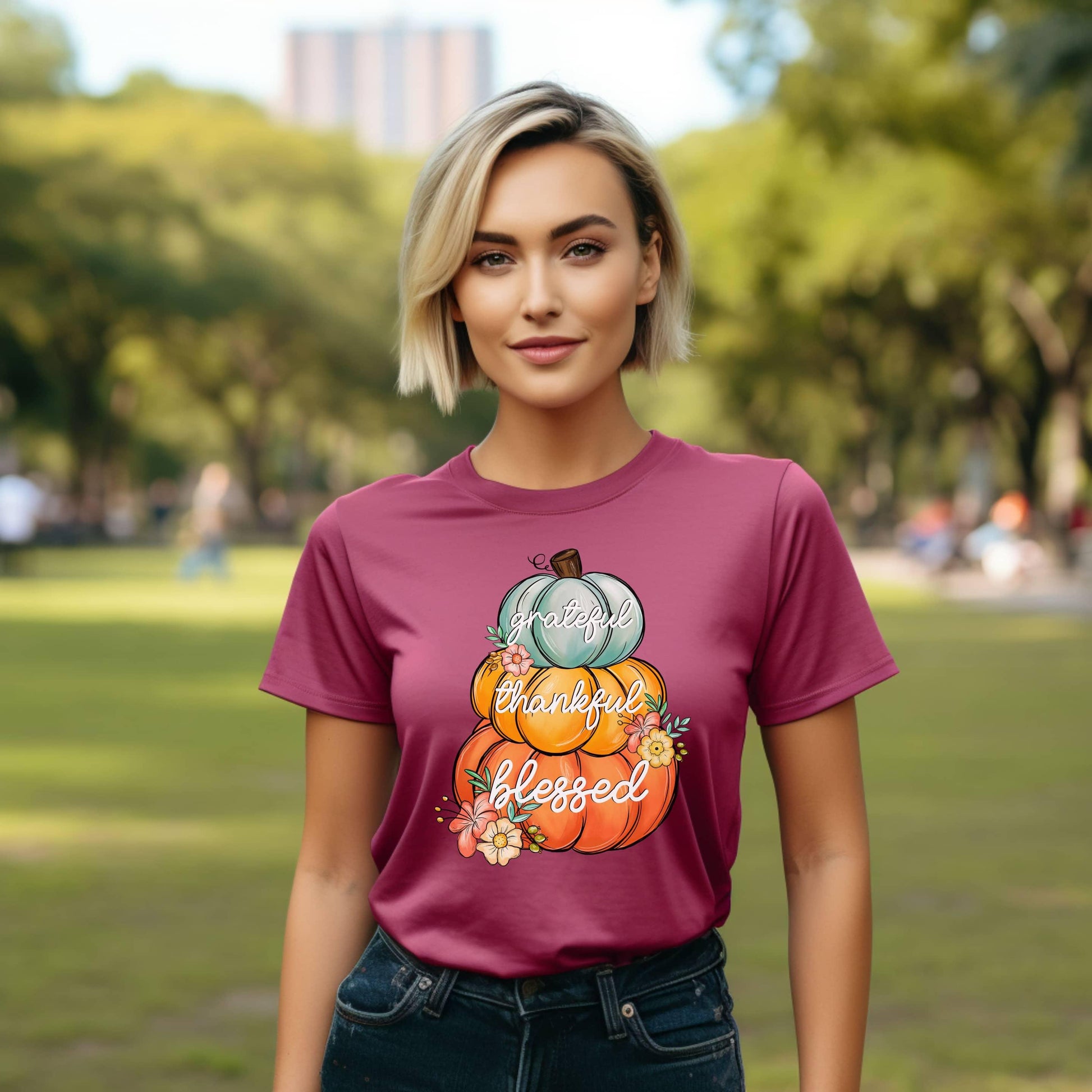 Grateful Thankful Blessed Stacked Pumpkins Fall Woman’s Tee - JT Footprint Apparel