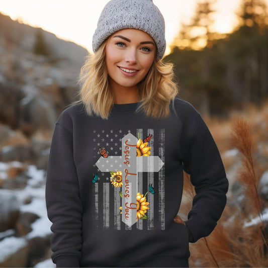 Jesus Loves You Sunflower Flag Women’s Sweatshirt - JT Footprint Apparel