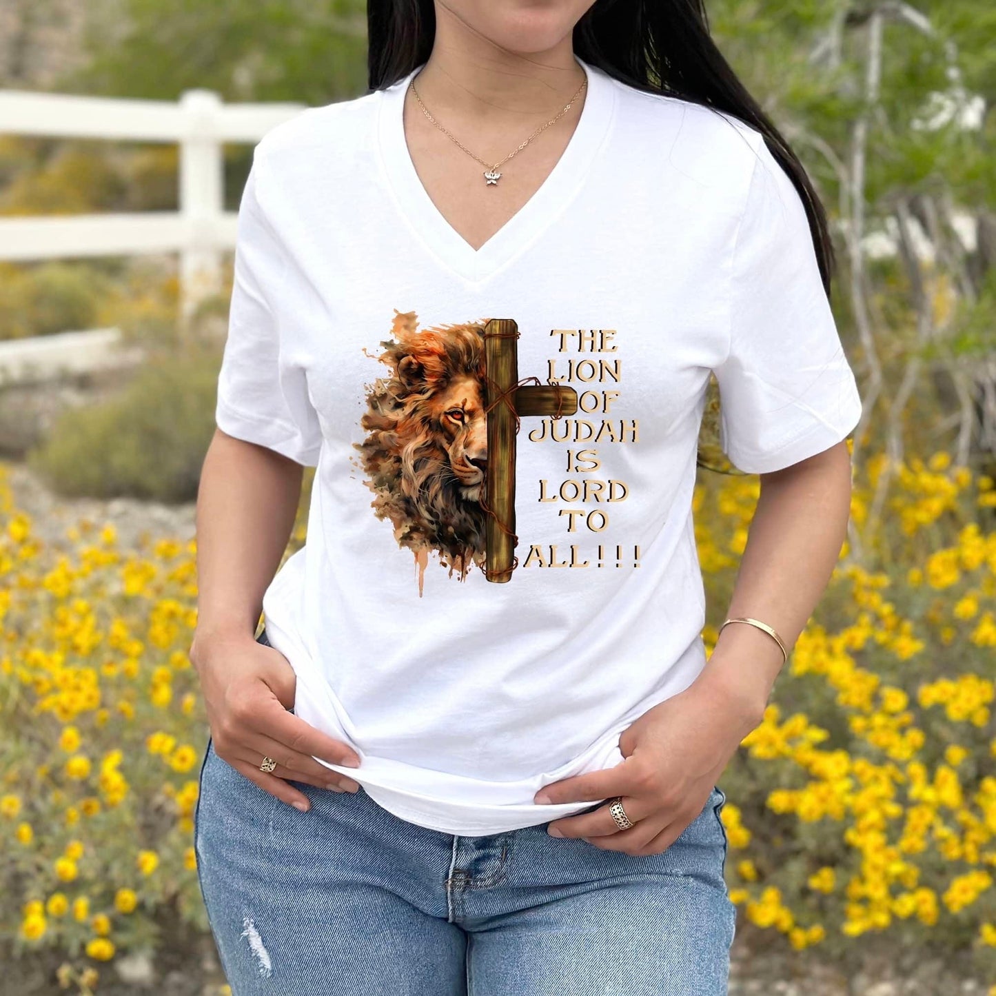 The Lion Of Judah Is Lord To All Christian Unisex V-Neck T-shirt - JT Footprint Apparel