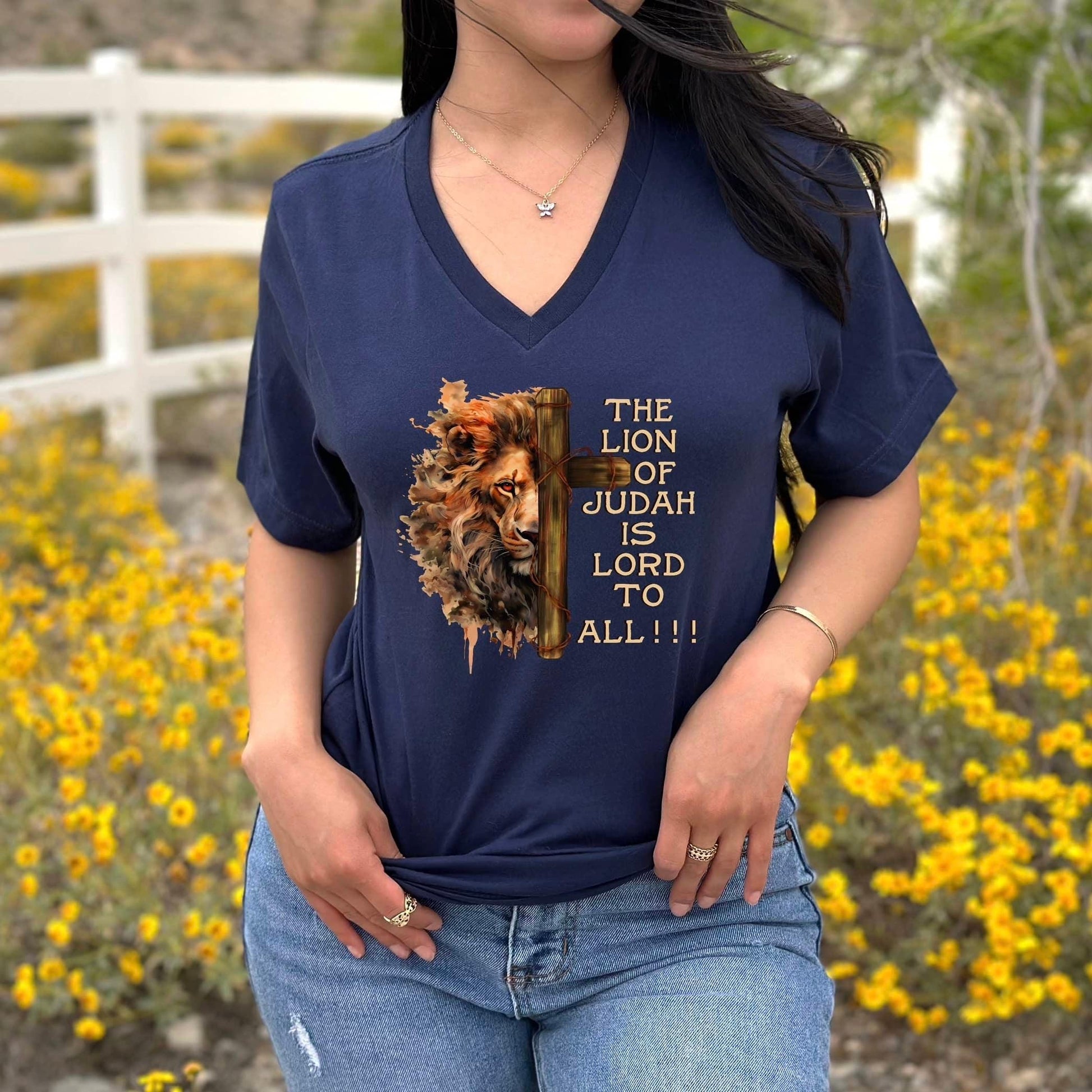 The Lion Of Judah Is Lord To All Christian Unisex V-Neck T-shirt - JT Footprint Apparel